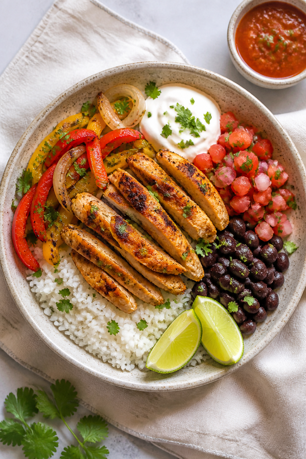 Tasty top view: Overhead shot of Skinny Chicken Fajita Rice Bowl composed with a fluffy base of whit