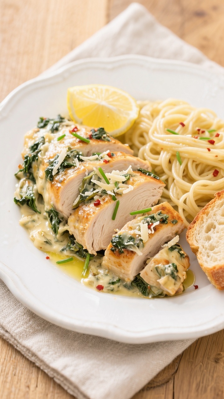 Tasty top view: Overhead shot of sliced Cheesy Spinach Artichoke Chicken on a white ceramic platter,