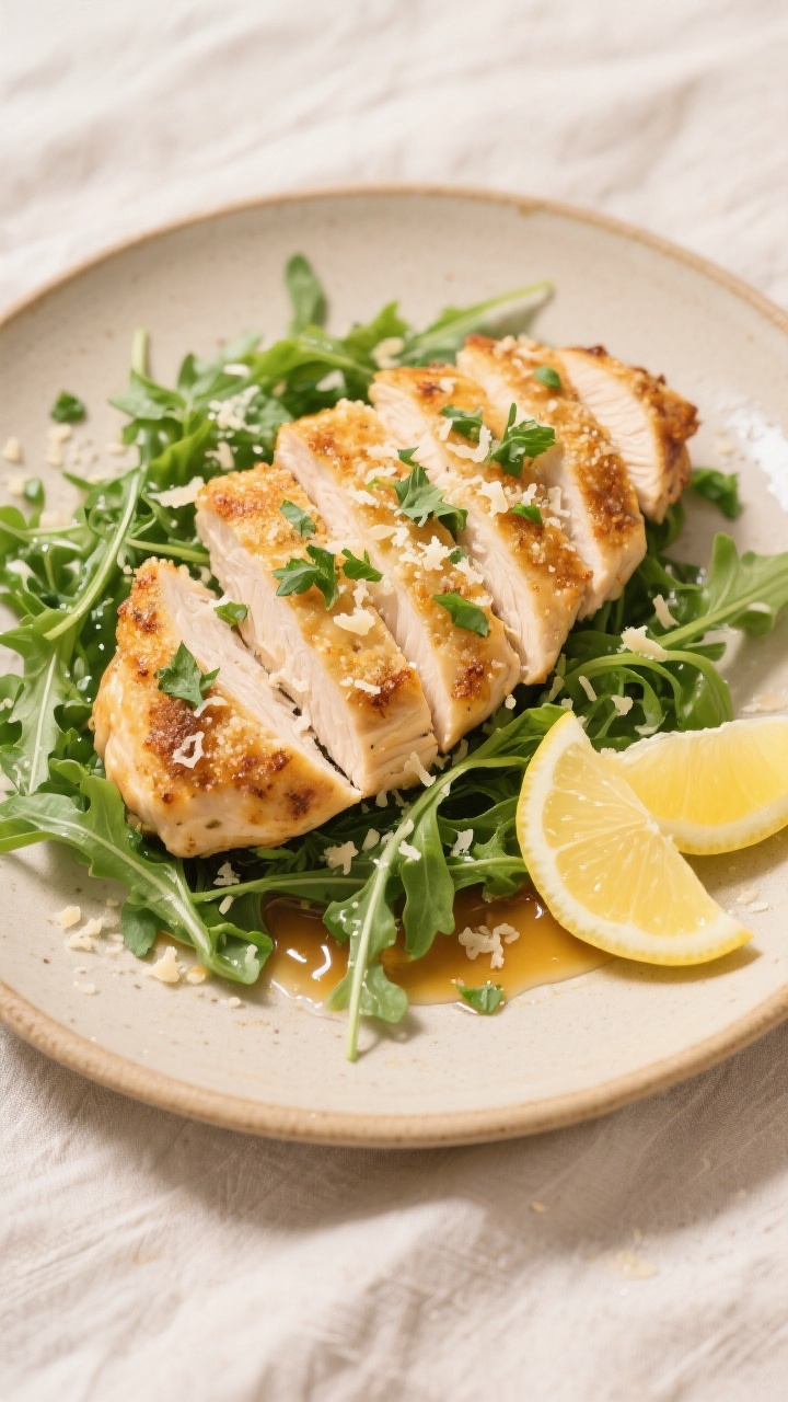 Tasty top view: Overhead shot of sliced Garlic Parmesan Chicken fanned over lemony arugula, sprinkle