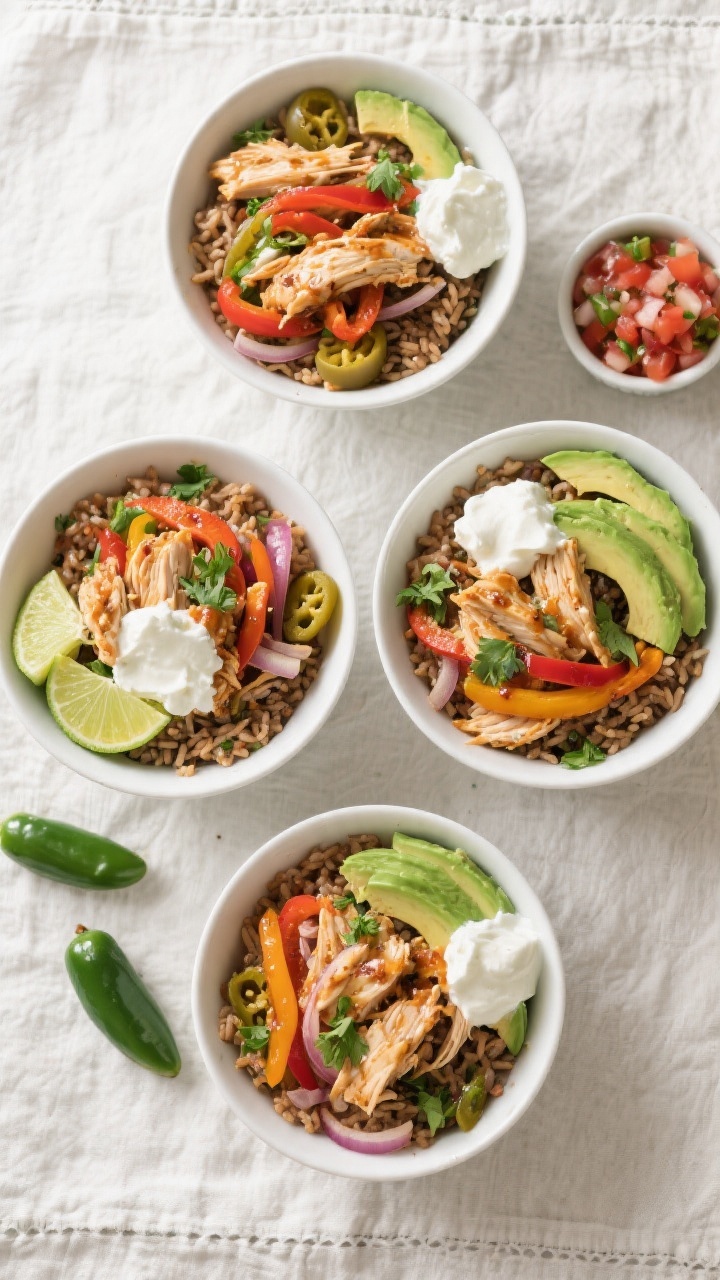 Tasty top view: Overhead shot of slow cooker chicken fajita bowls for meal prep—four bowls neatly 