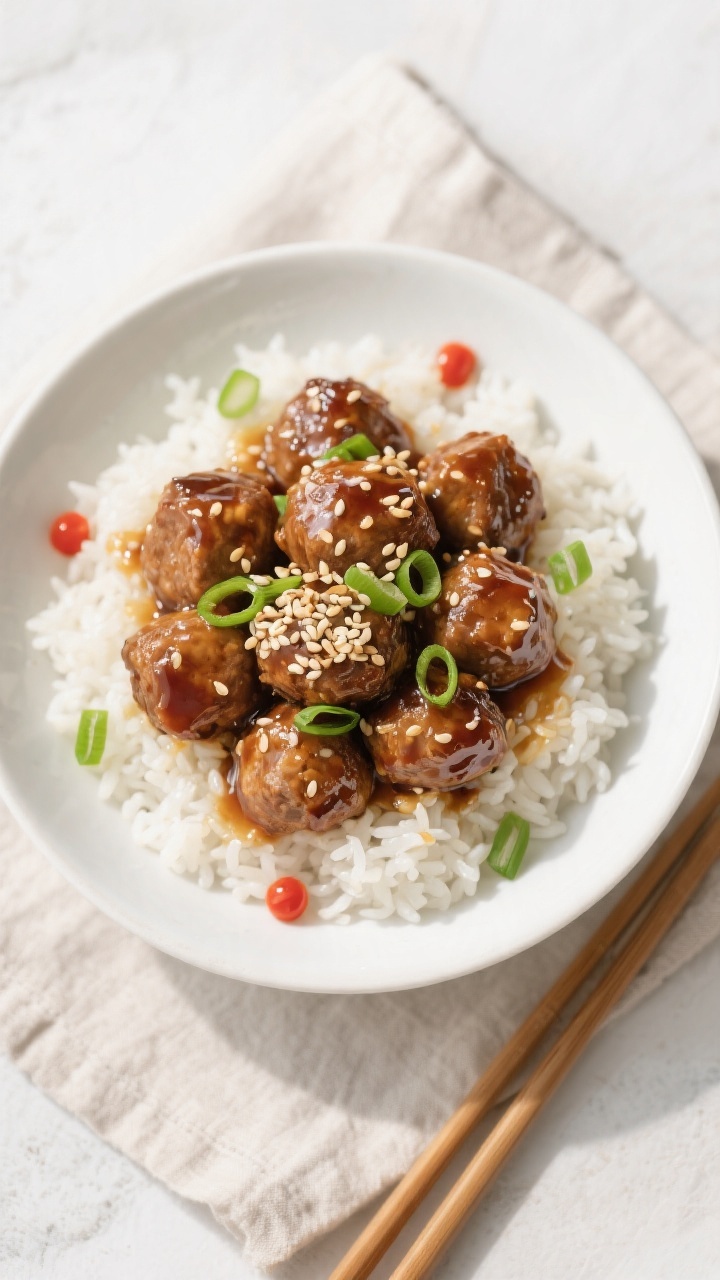 Tasty top view: Overhead shot of sticky honey garlic meatballs served over steamed jasmine rice in a