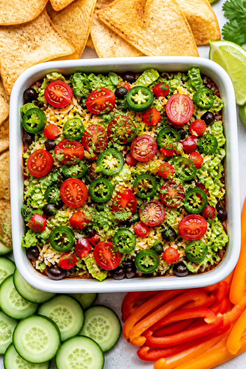 Tasty top view: Overhead shot of the assembled Easy Healthy Taco Dip in an 8x8 dish—distinct, vibr