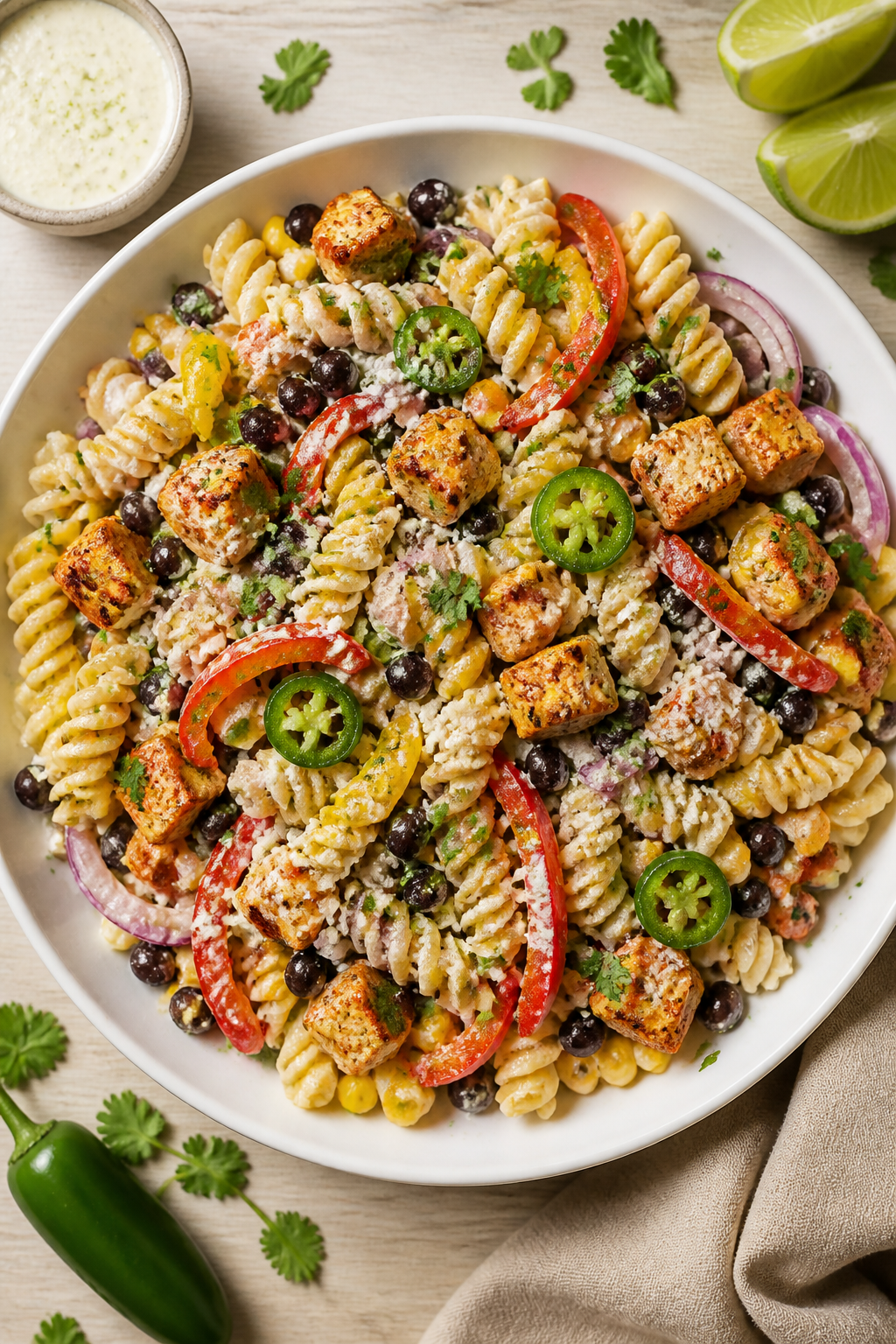 Tasty top view: Overhead shot of the assembled High Protein Chicken Fajita Pasta Salad in a wide, sh