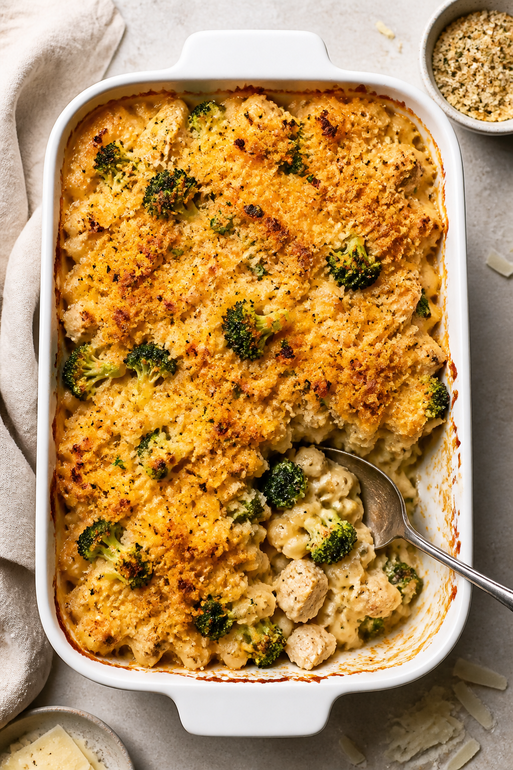 Tasty top view: Overhead shot of the baked Chicken Broccoli Mac and Cheese in a 9x13 white casserole