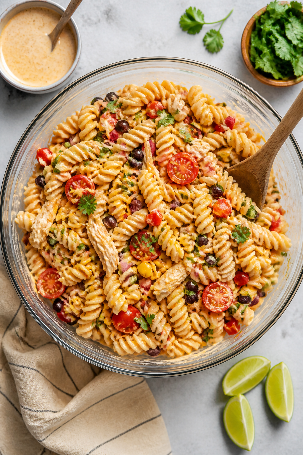 Tasty top view — Overhead shot of the combined salad in a large mixing bowl: rotini coated in crea