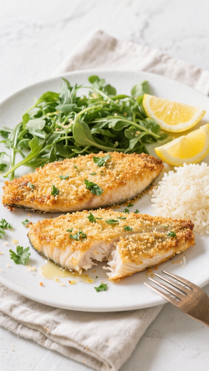 Tasty top view: Overhead shot of the final plated Baked Parmesan Crusted Tilapia—two fillets on a 