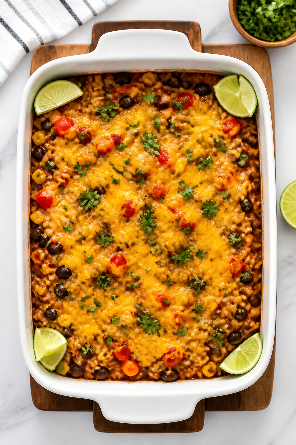 Tasty top view — Overhead shot of the finished bake in a 9x13 casserole: melted reduced-fat chedda
