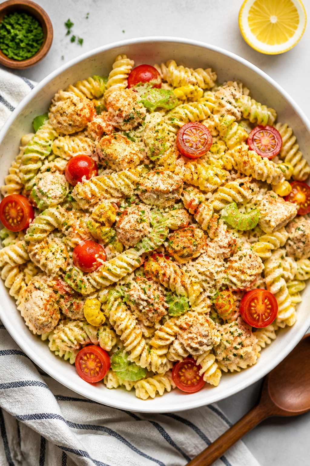 Tasty top view — Overhead shot of the finished Creamy Cajun Ranch Chicken Pasta Salad arranged in