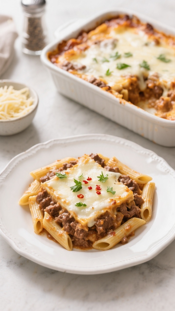 Tasty top view: Overhead shot of the finished casserole portioned into neat squares, one plated on a