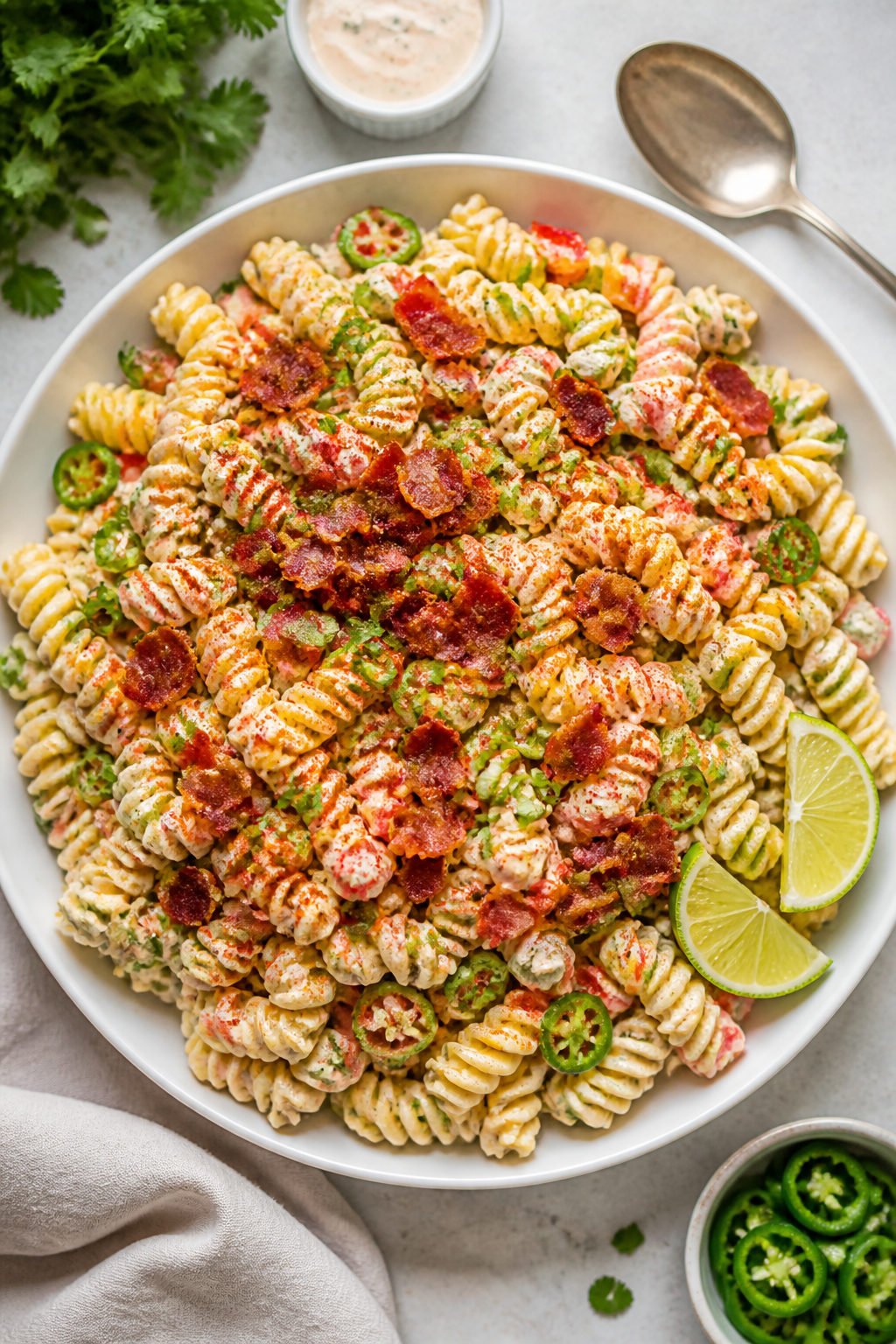 Tasty top view: Overhead shot of the finished creamy bacon jalapeño pasta salad mounded in a wide,
