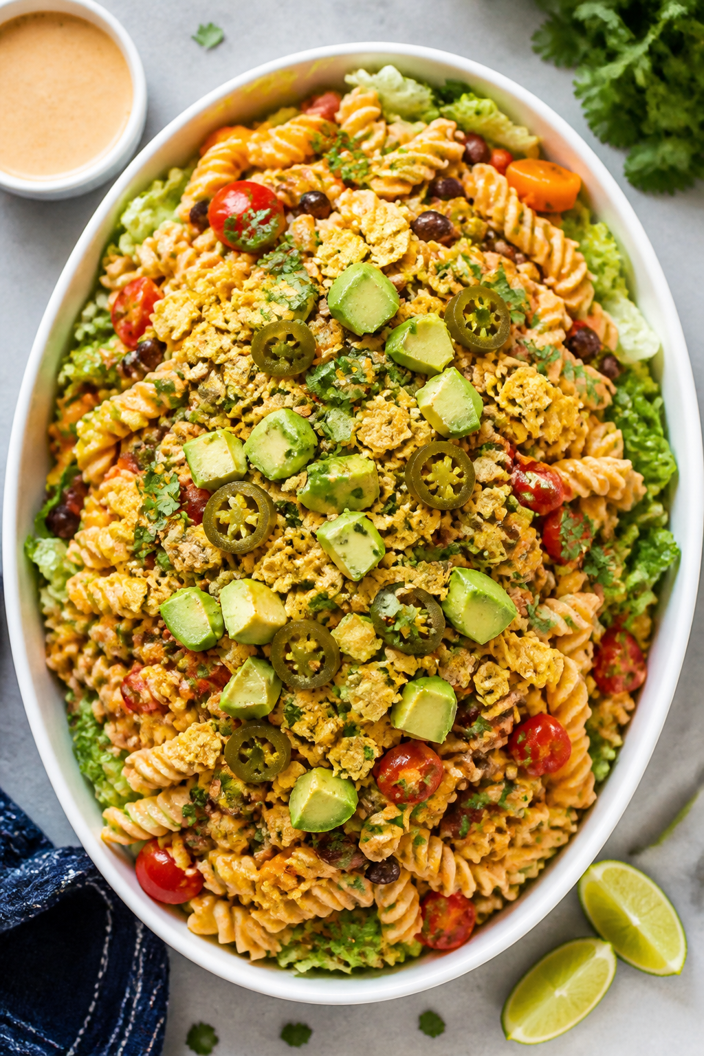 Tasty top view: Overhead shot of the finished Creamy Southwest Taco Pasta Salad in a wide white serv