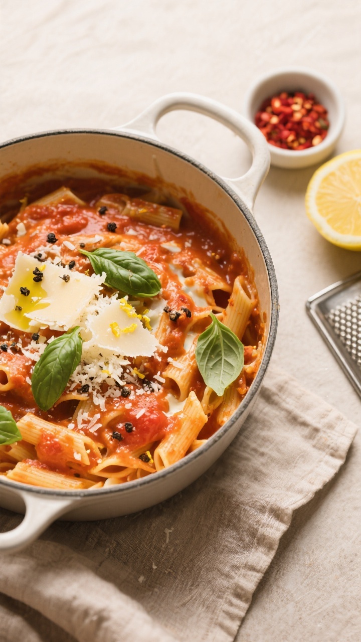 Tasty top view: Overhead shot of the finished creamy tomato pasta in the pot, sauce luxuriously thic