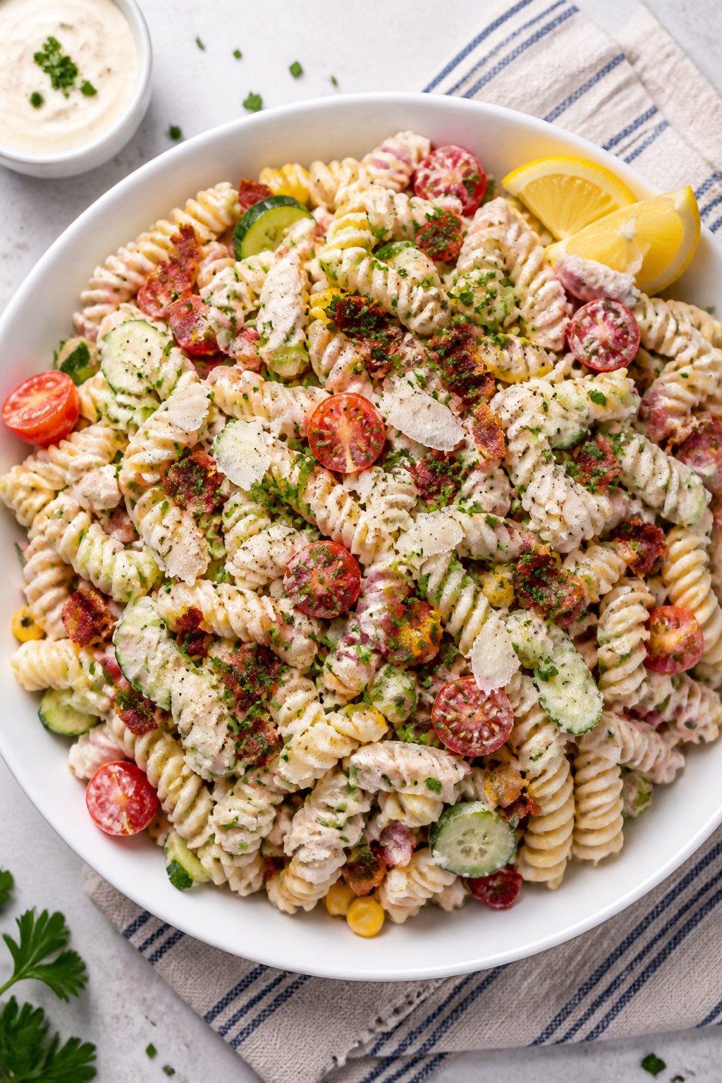 Tasty top view: Overhead shot of the finished Creamy Garlic Chicken Bacon Pasta Salad in a wide whit