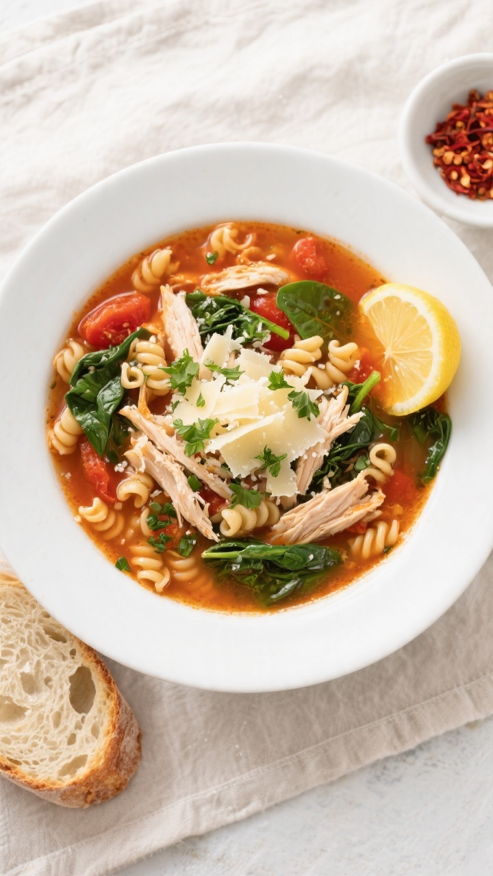 Tasty top view: Overhead shot of the finished Crockpot Italian Chicken Soup with ditalini pasta, wil