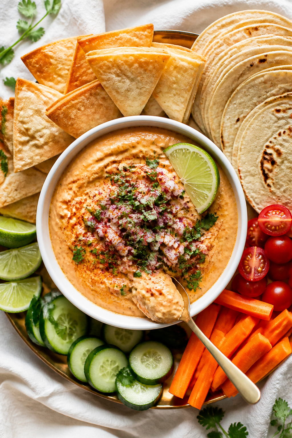 Tasty top view: Overhead shot of the finished dip in a low, wide white bowl, topped with a dusting o