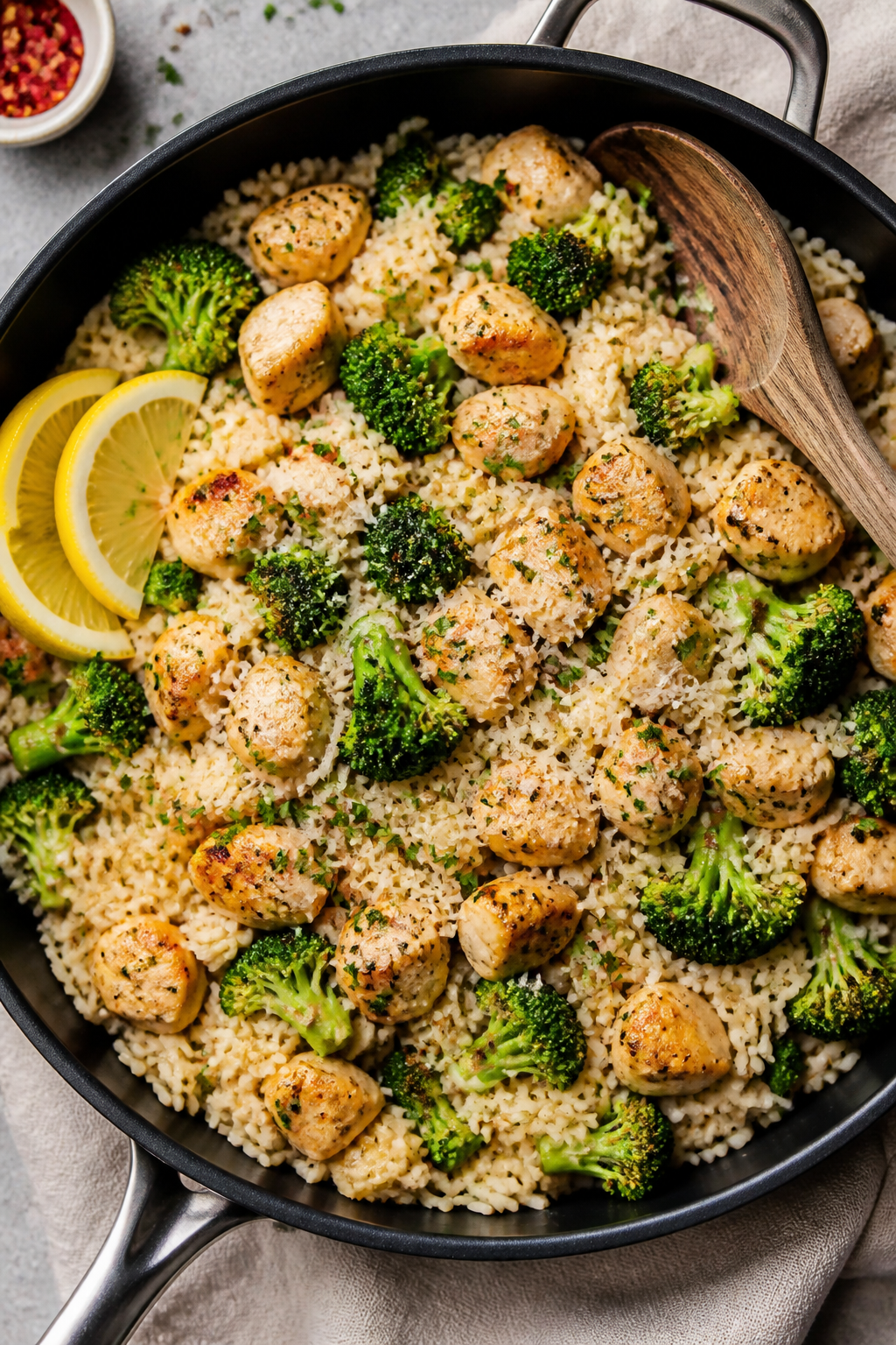 Tasty top view — Overhead shot of the finished Healthy Chicken Broccoli Rice Skillet in the pan: f