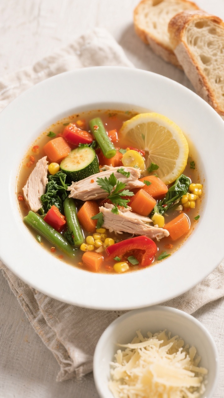 Tasty top view: Overhead shot of the finished Healthy Slow Cooker Turkey & Veggie Soup ladled into a