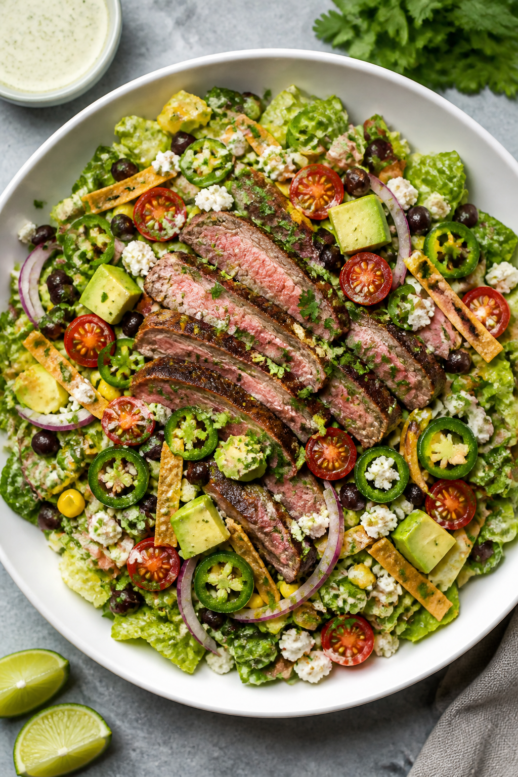 Tasty top view: Overhead shot of the finished Healthy Steak Taco Salad in a wide, shallow white bowl