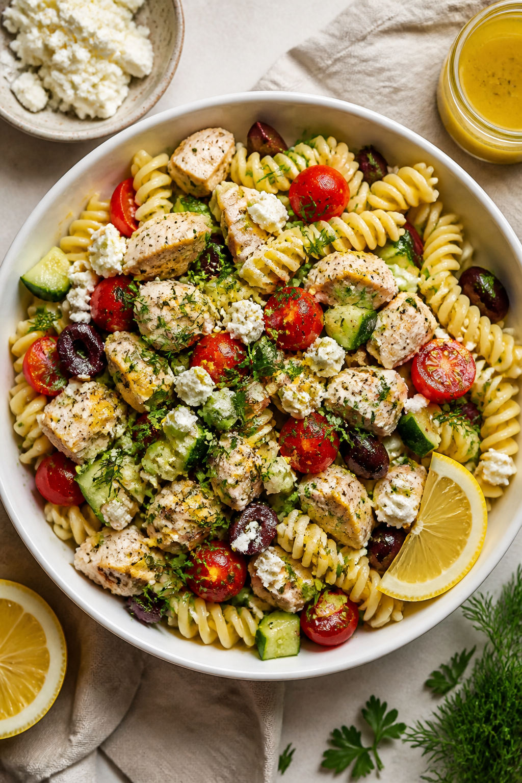 Tasty top view: Overhead shot of the finished High Protein Chicken Feta Cucumber Pasta Salad in a la