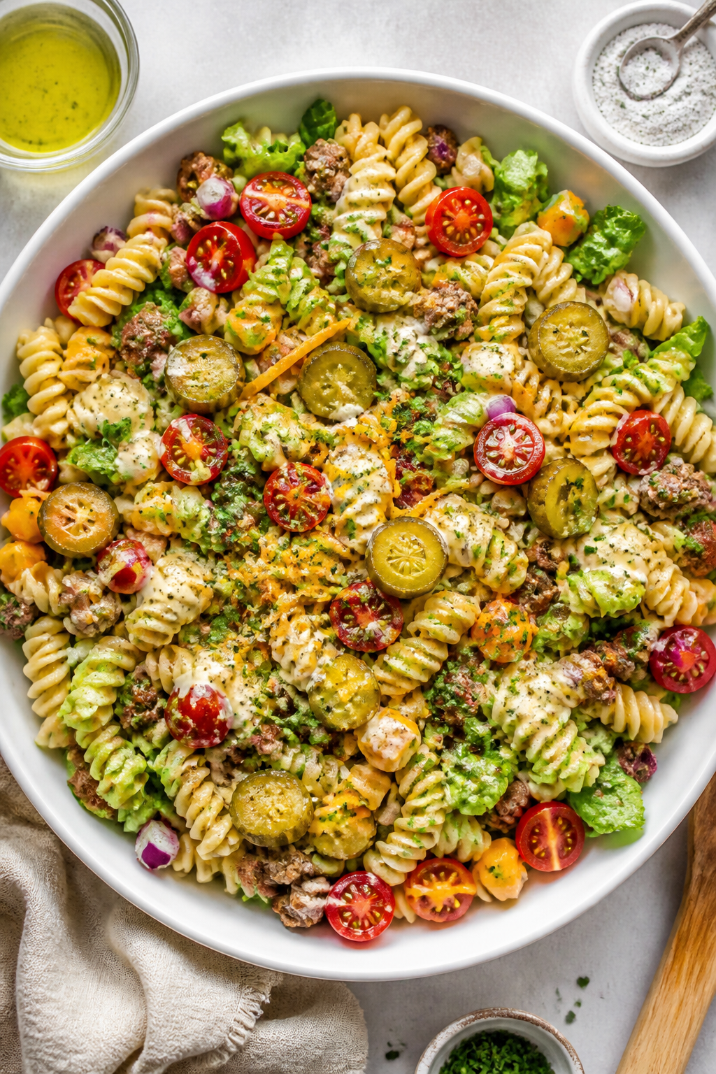 Tasty top view: Overhead shot of the finished High Protein Cheeseburger Ranch Pasta Salad in a wide 