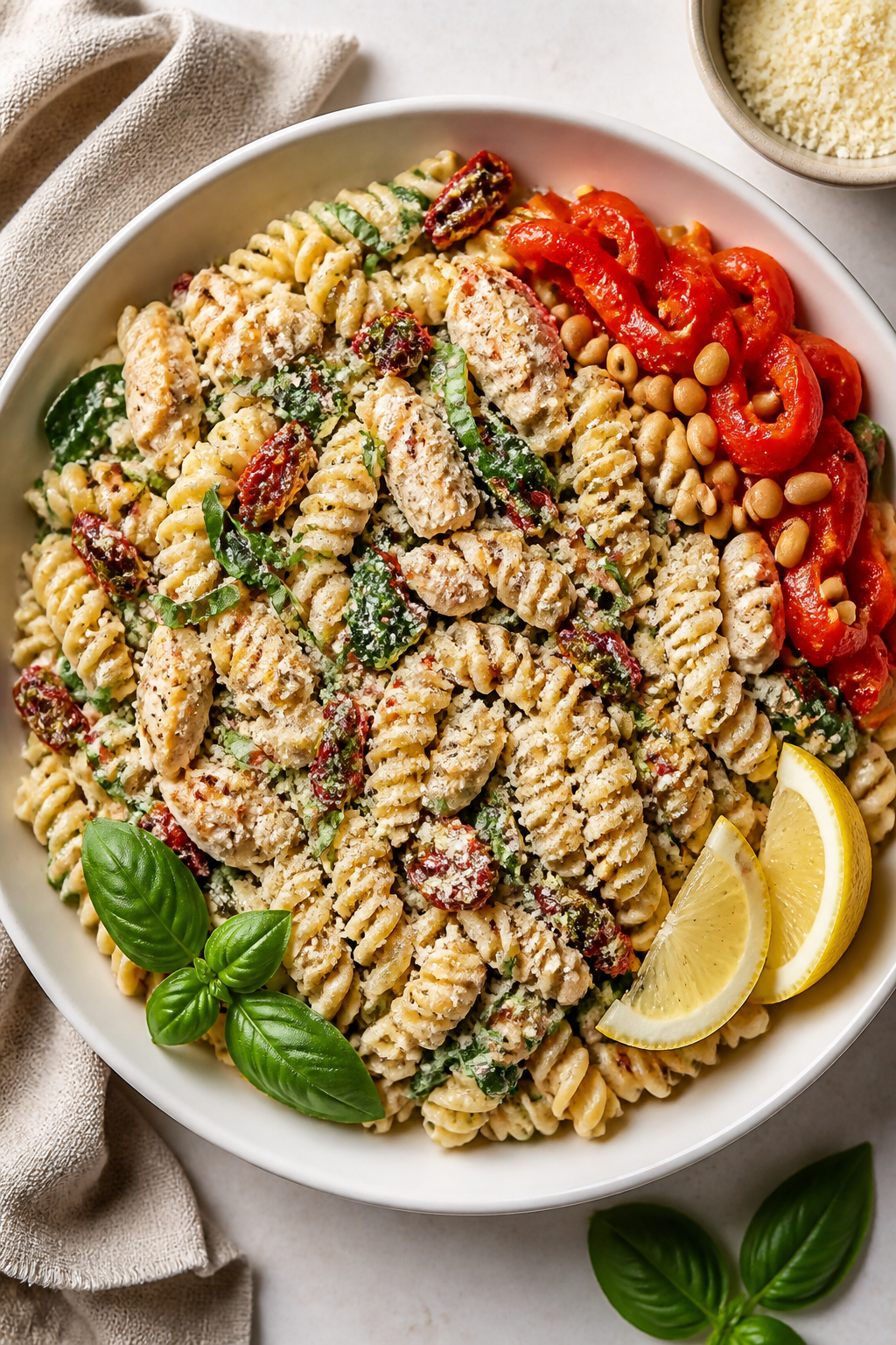Tasty top view: Overhead shot of the finished High Protein Marry Me Chicken Pasta Salad in a wide, l