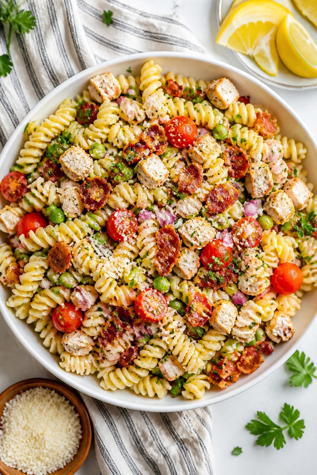 Tasty top view: Overhead shot of the finished High Protein Garlic Butter Bacon Pasta Salad in a wide