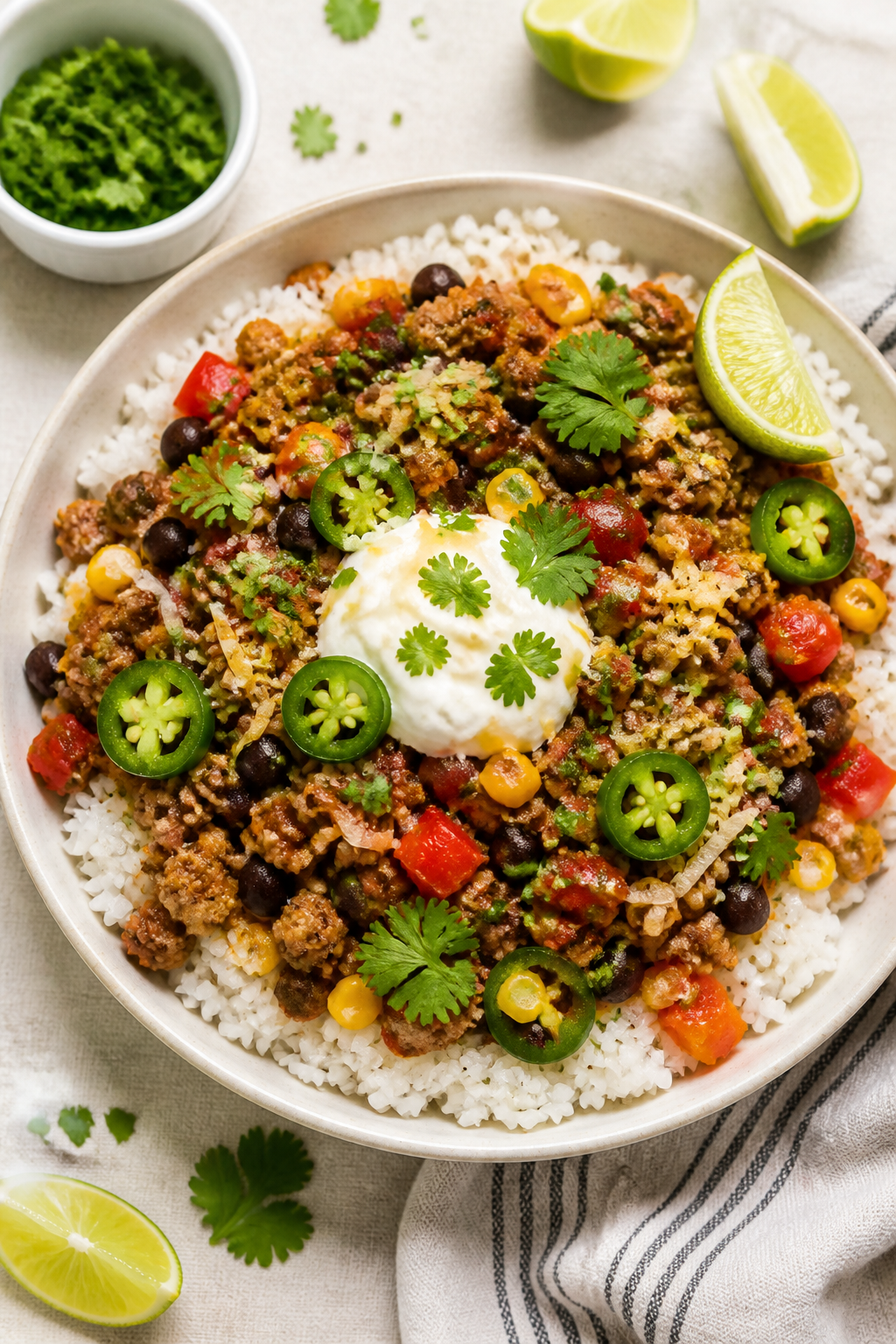 Tasty top view: Overhead shot of the finished Mexican Ground Turkey Skillet spooned over fluffy whit