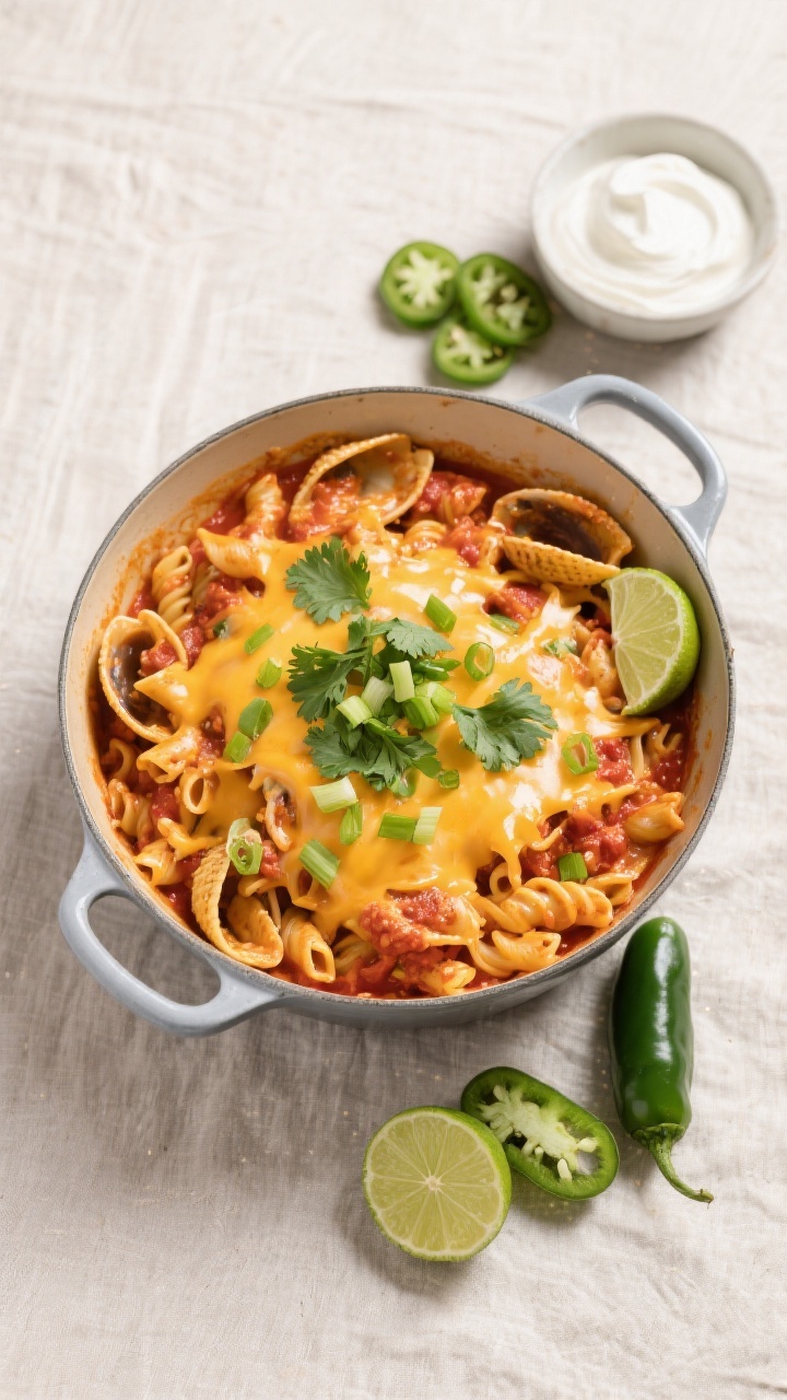 Tasty top view: Overhead shot of the finished One-Pot Cheesy Taco Pasta in a Dutch oven, garnished w