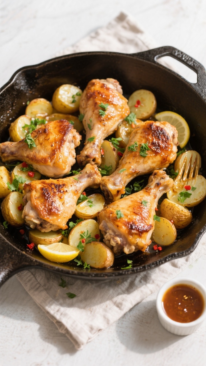 Tasty top view: Overhead shot of the finished one-pan honey garlic butter chicken and potatoes strai