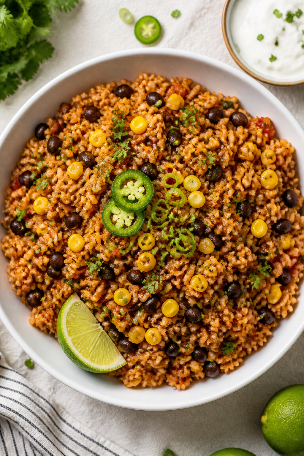 Tasty top view: Overhead shot of the finished One Pot Healthy Mexican Rice just after stirring in co