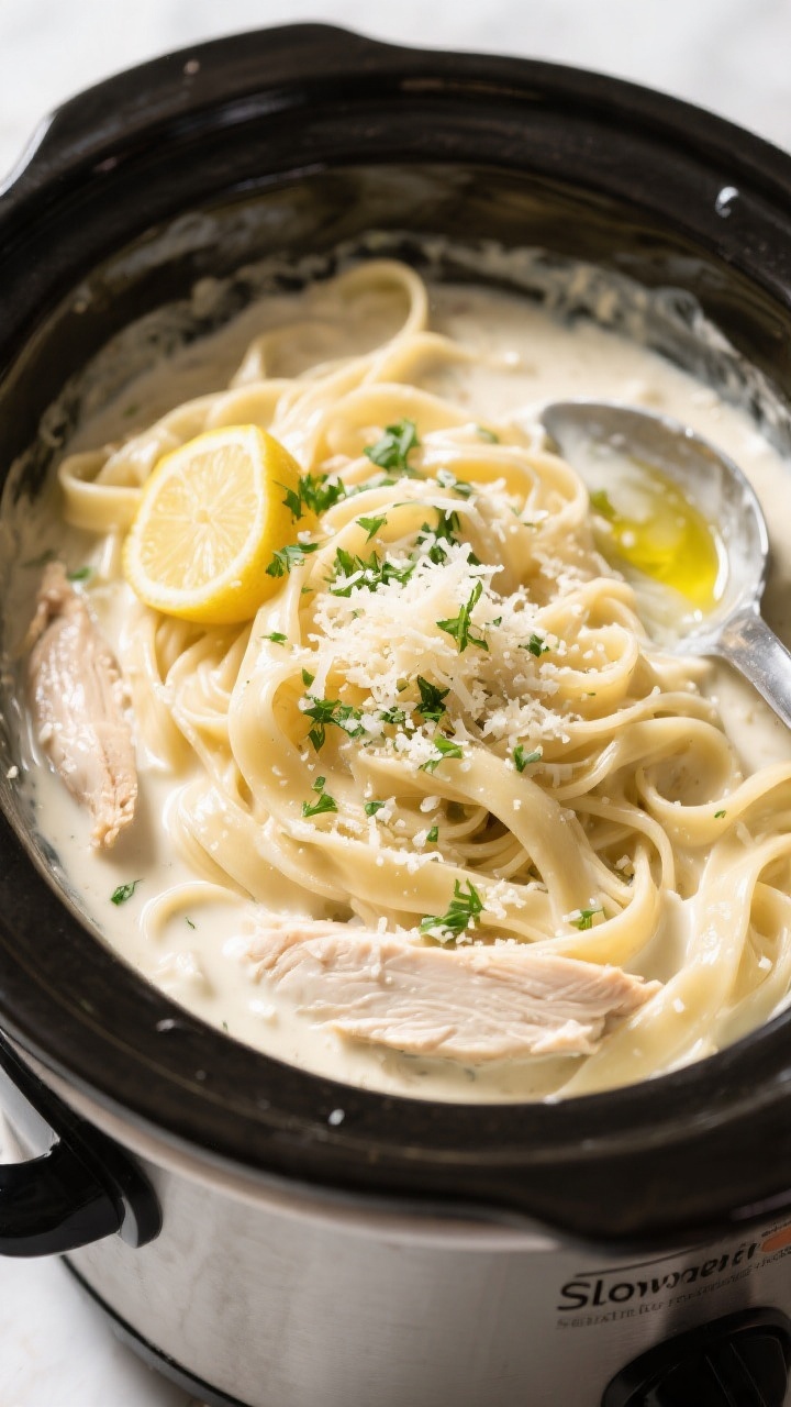 Tasty top view: Overhead shot of the finished Slow Cooker Skinny Chicken Alfredo in the slow cooker,