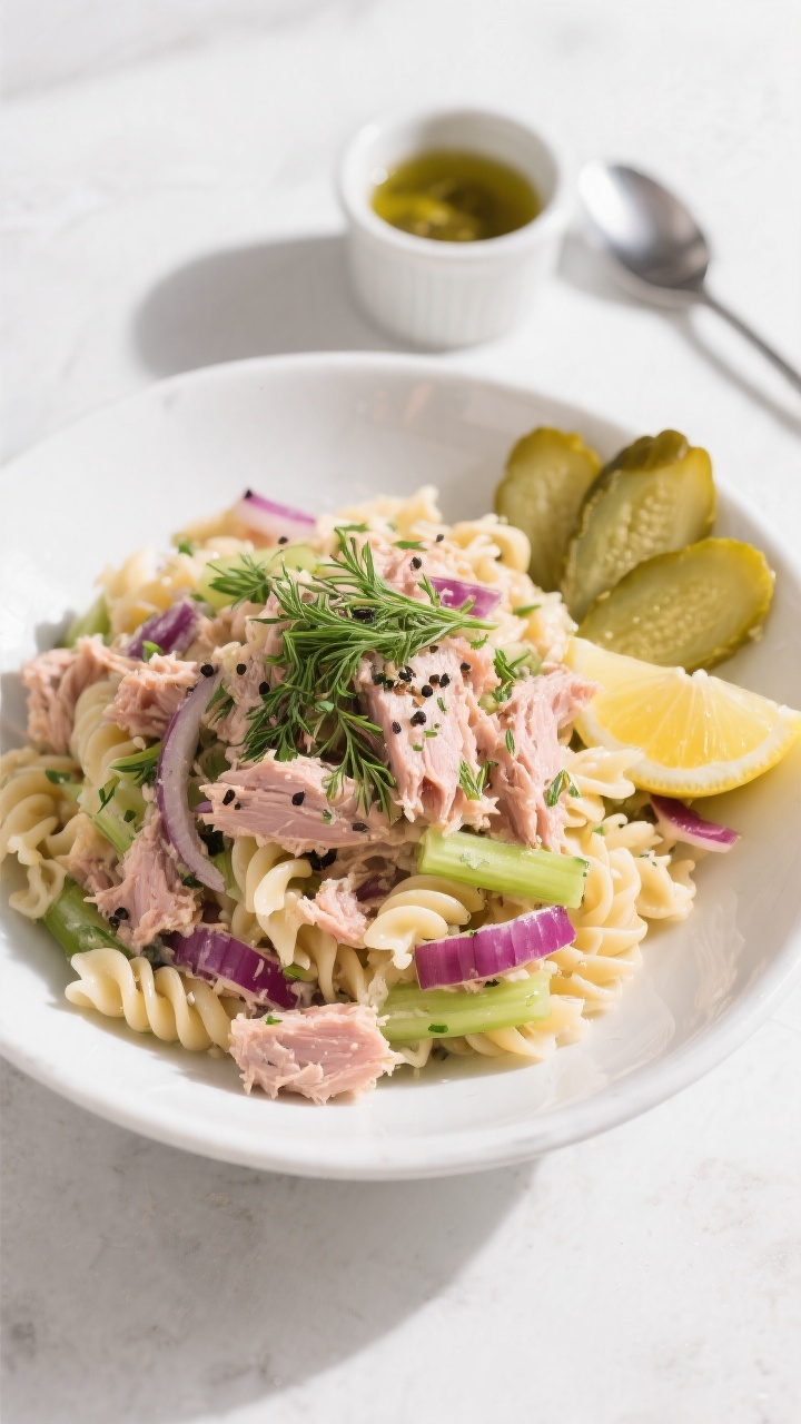 Tasty top view: Overhead shot of the finished Tuna Dill Pickle Protein Pasta Salad piled high in a w