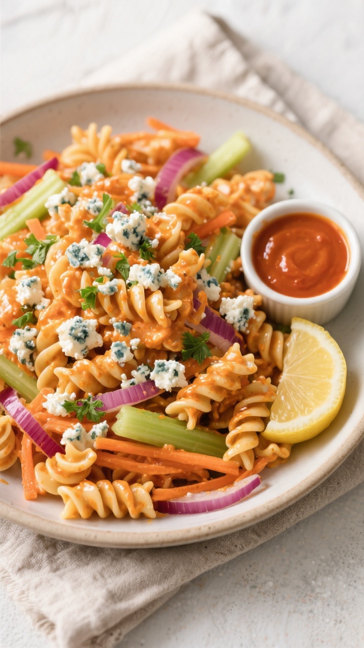 Tasty top view: Overhead shot of the fully assembled Buffalo Cottage Cheese Pasta Salad in a wide, s