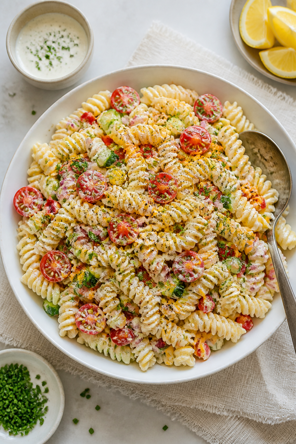 Tasty top view: Overhead shot of the fully chilled Creamy Garlic Ranch Pasta Salad in a wide, shallo