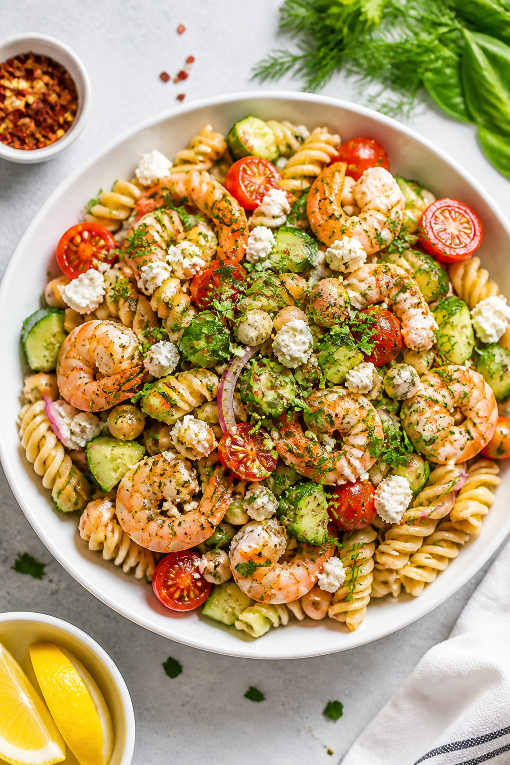 Tasty top view: Overhead shot of the Garlic Herb Shrimp Protein Pasta Salad in a wide, shallow white