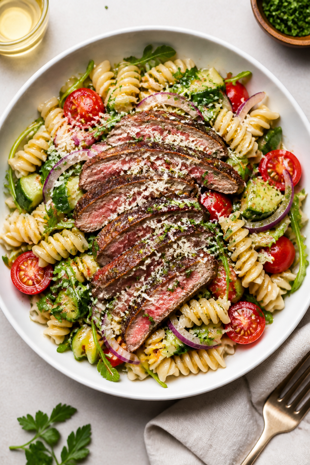 Tasty top view: Overhead shot of the Garlic Parmesan Steak Pasta Salad in a wide, low white bowl—a