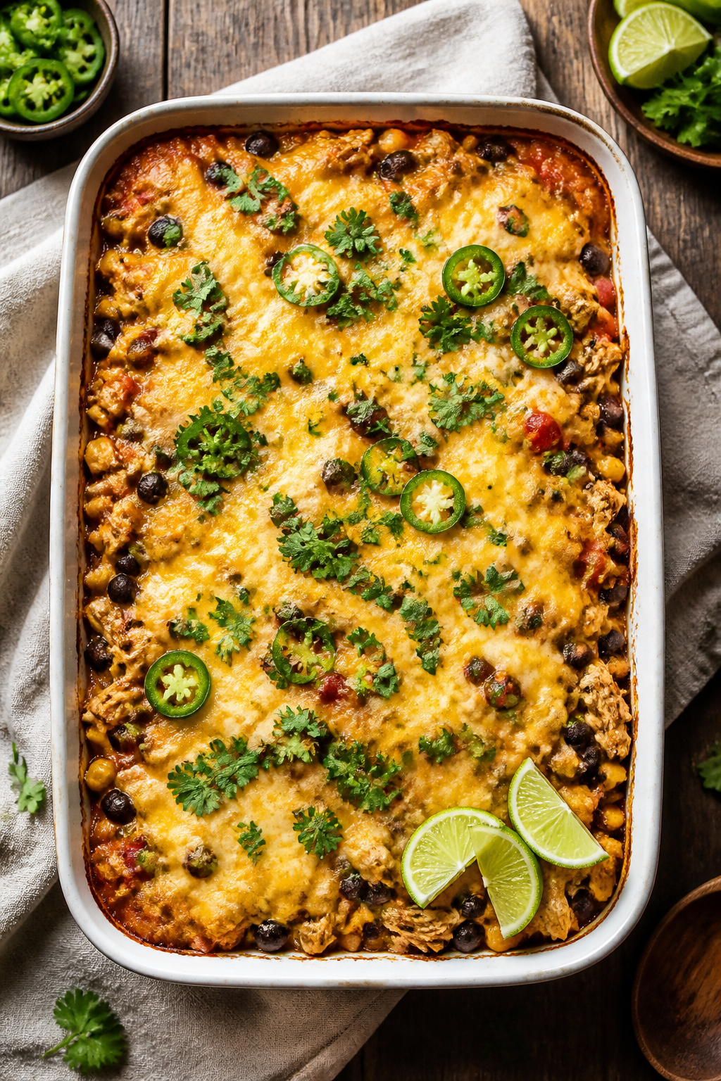 Tasty top view: Overhead shot of the Healthy Fiesta Chicken Casserole fresh from the oven in a 9x13 
