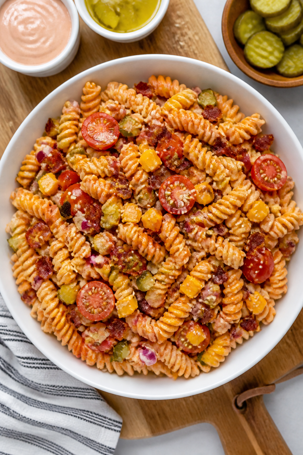Tasty top view: Overhead shot of the loaded bacon cheeseburger pasta salad just tossed—rotini coat