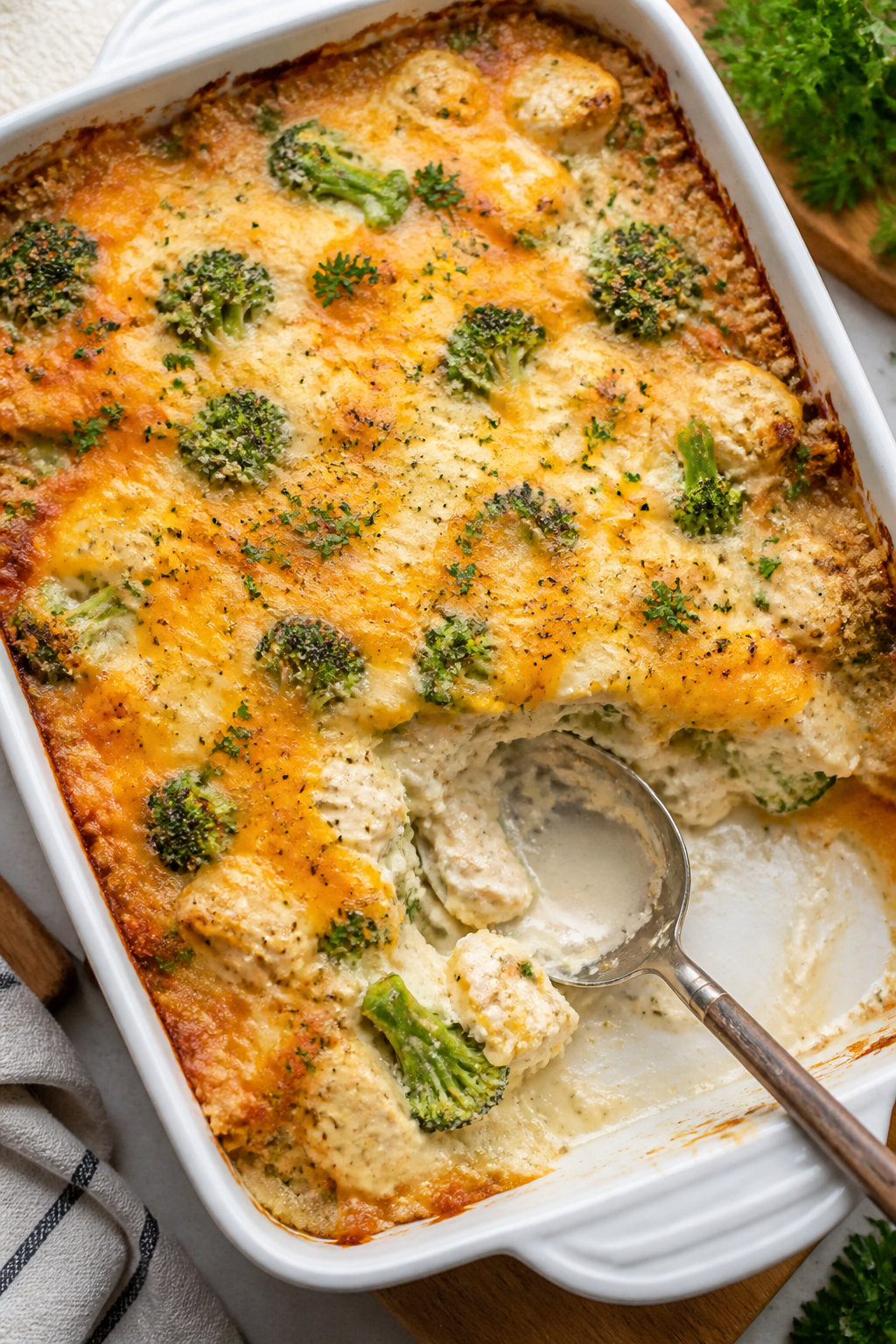 Tasty top view: Overhead shot of the Low Carb Chicken Broccoli Bake in the baking dish right after a