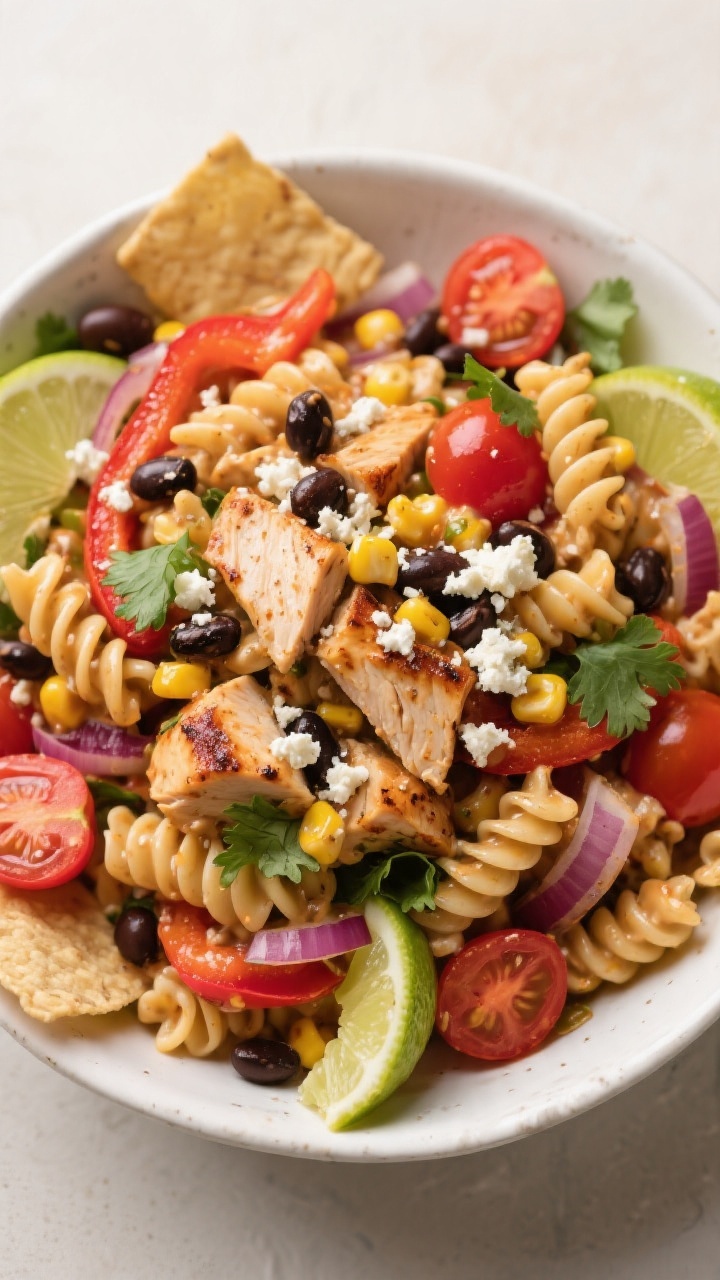 Tasty top view: Overhead shot of the mixed Southwest Chicken Pasta Salad in a large white ceramic bo