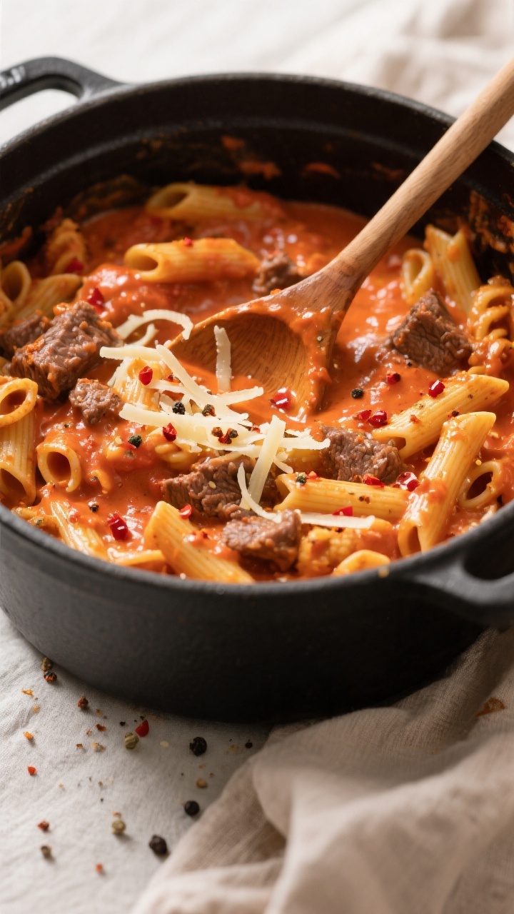 Tasty top view: Overhead shot of the one-pot creamy beef pasta at the “make it creamy” stage—s