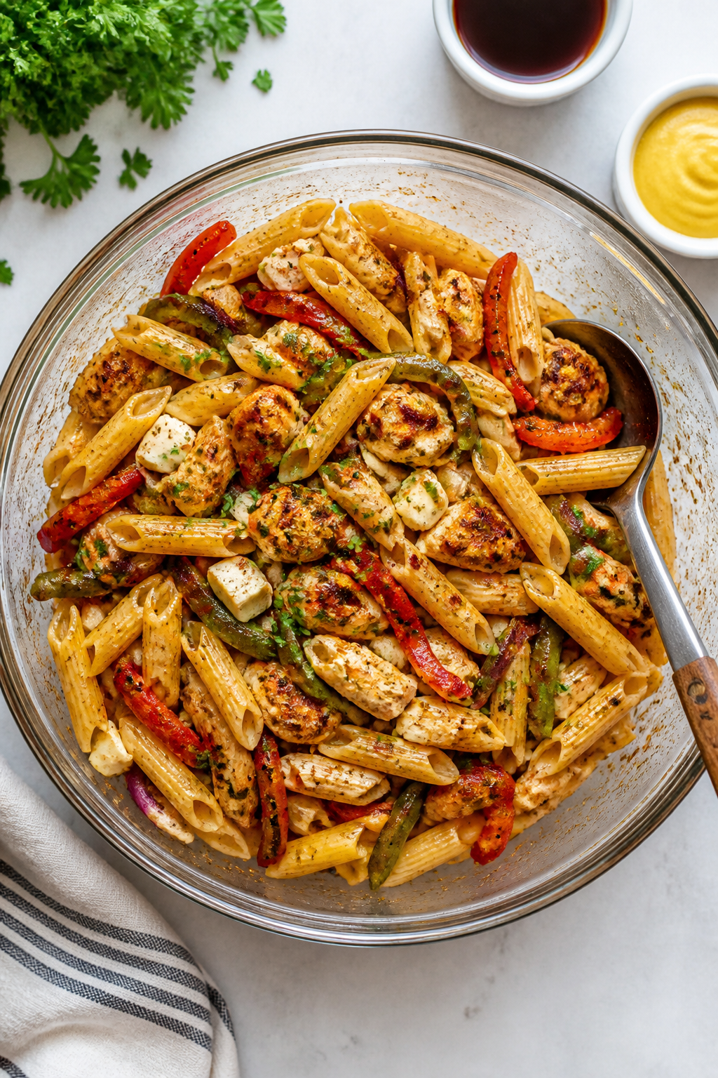 Tasty top-view: Overhead shot of the pasta salad in a large mixing bowl just after tossing—pasta g