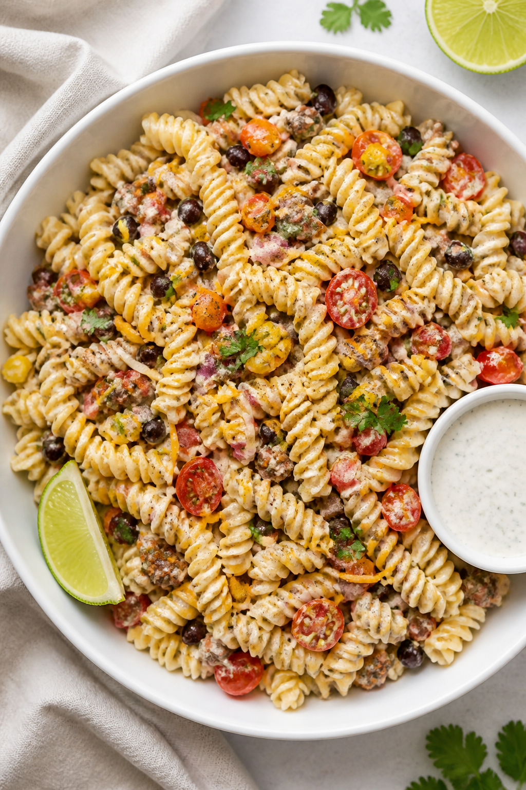 Tasty top view: Overhead shot of the Ranch Taco Beef Pasta Salad just after tossing—rotini coated