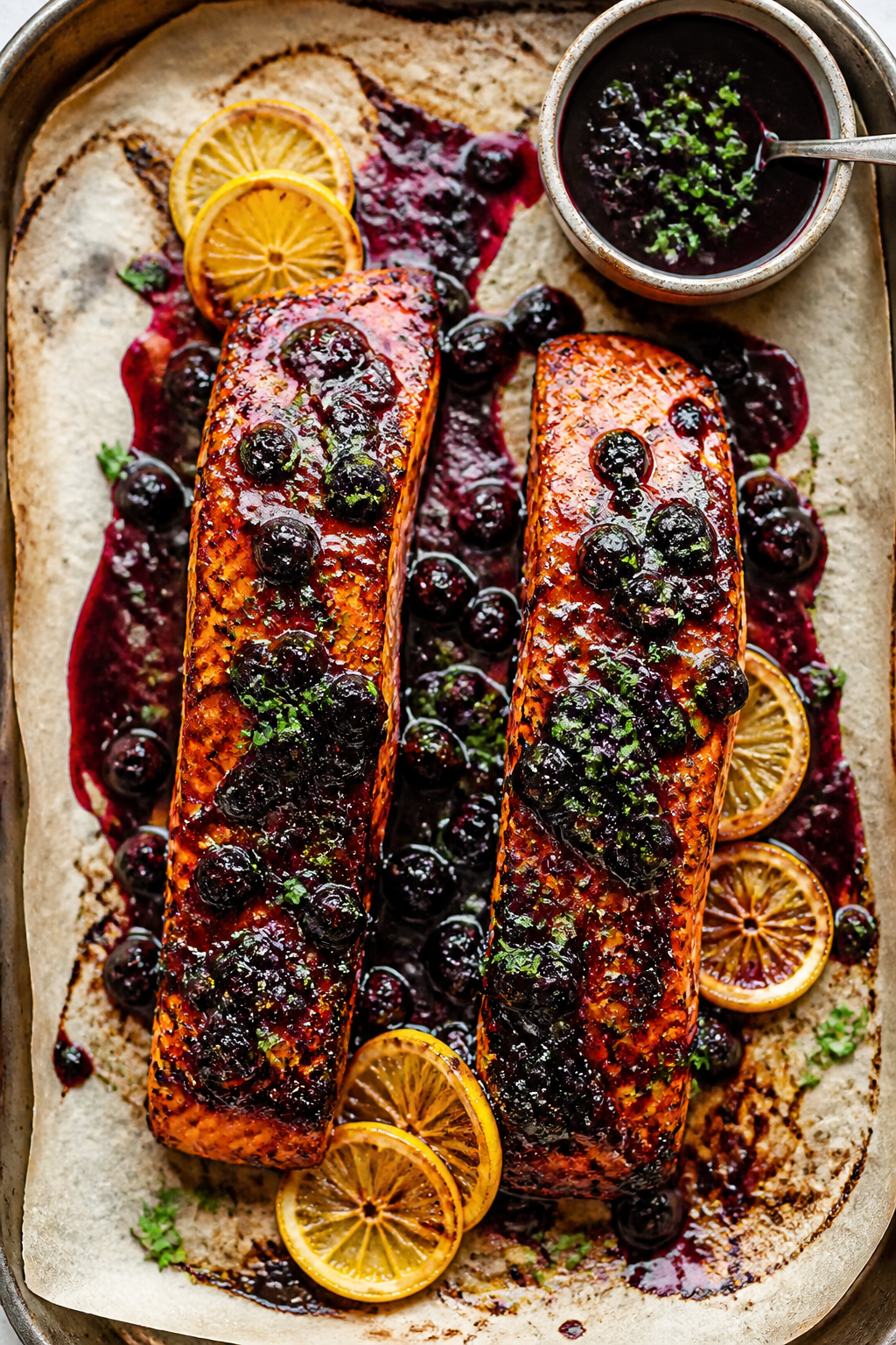 Tasty top view: Overhead shot of two salmon fillets generously coated with blueberry-balsamic glaze 