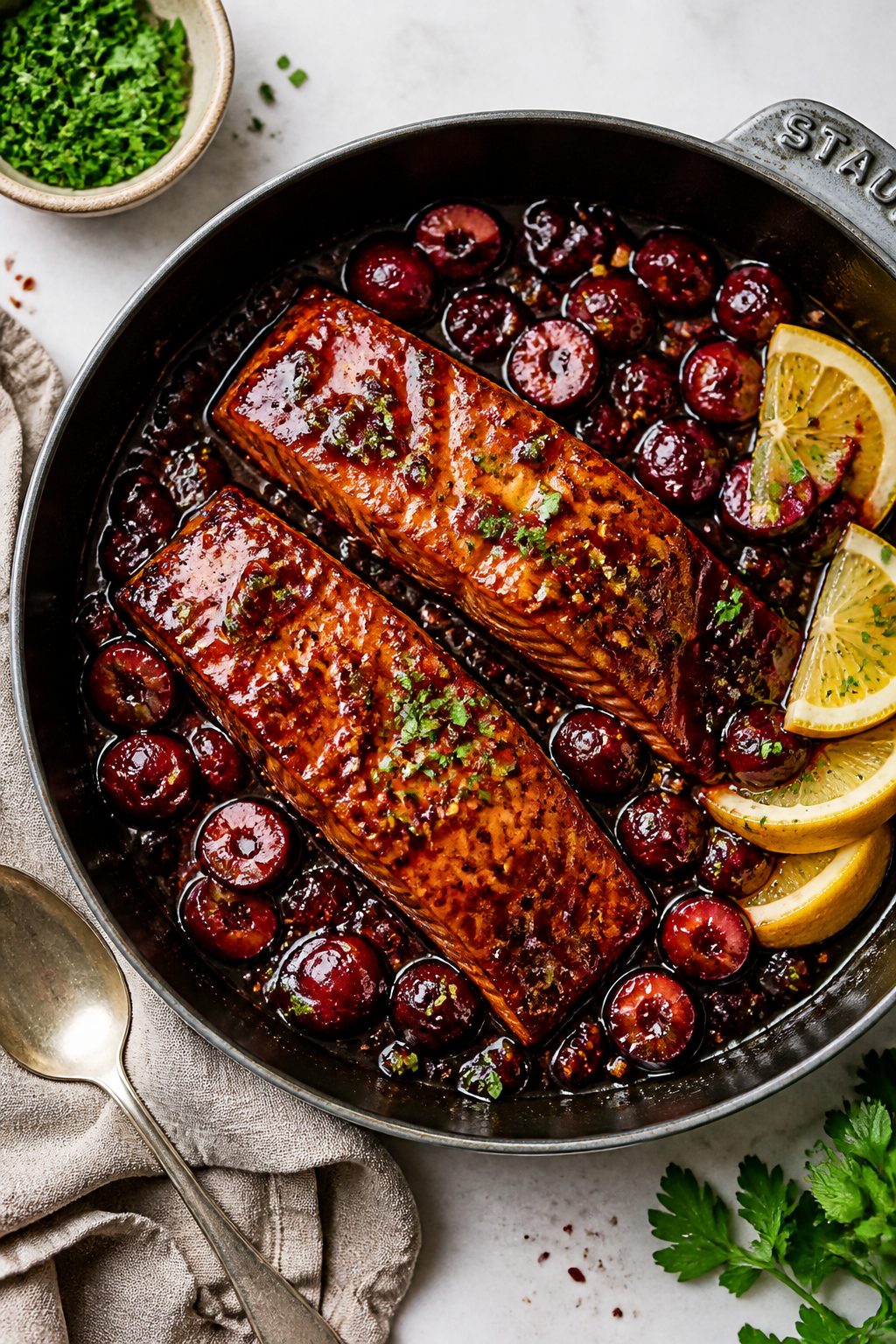 Tasty top view: Overhead shot of two salmon fillets nestled in a skillet, coated in a thick, glossy