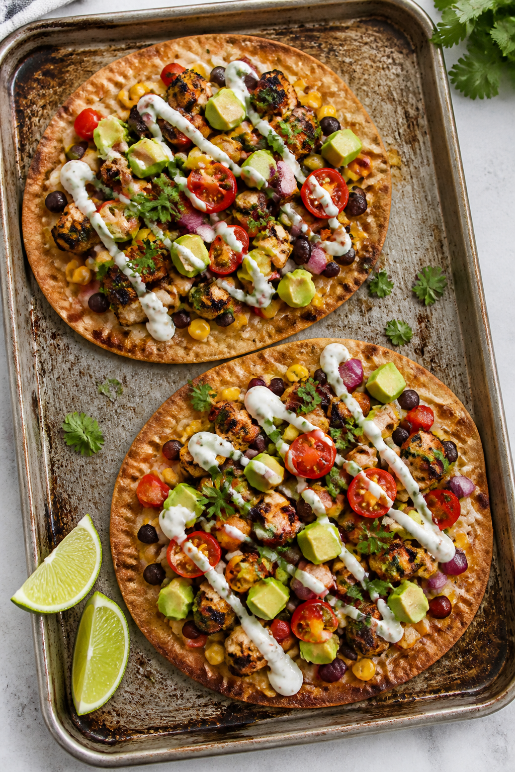 Tasty top view: Overhead shot of two whole-wheat flatbreads on a preheated baking sheet just out of 