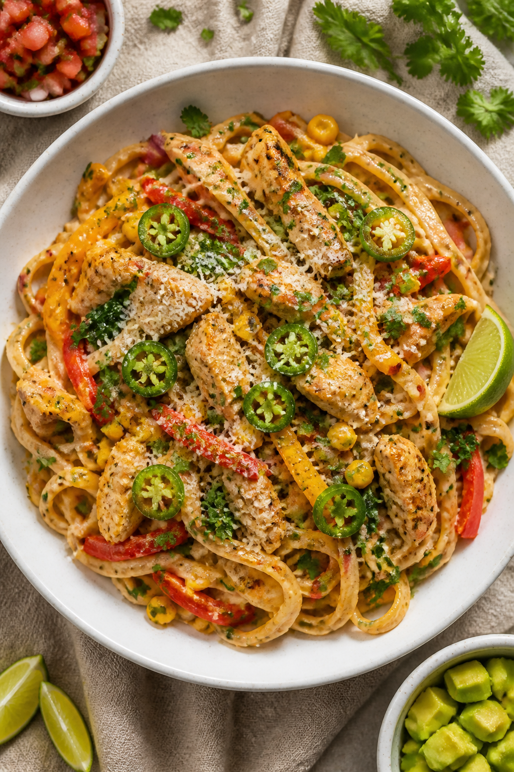 Tasty top view: Overhead shot of whole-wheat fettuccine tossed in the creamy Mexican-inspired Alfred