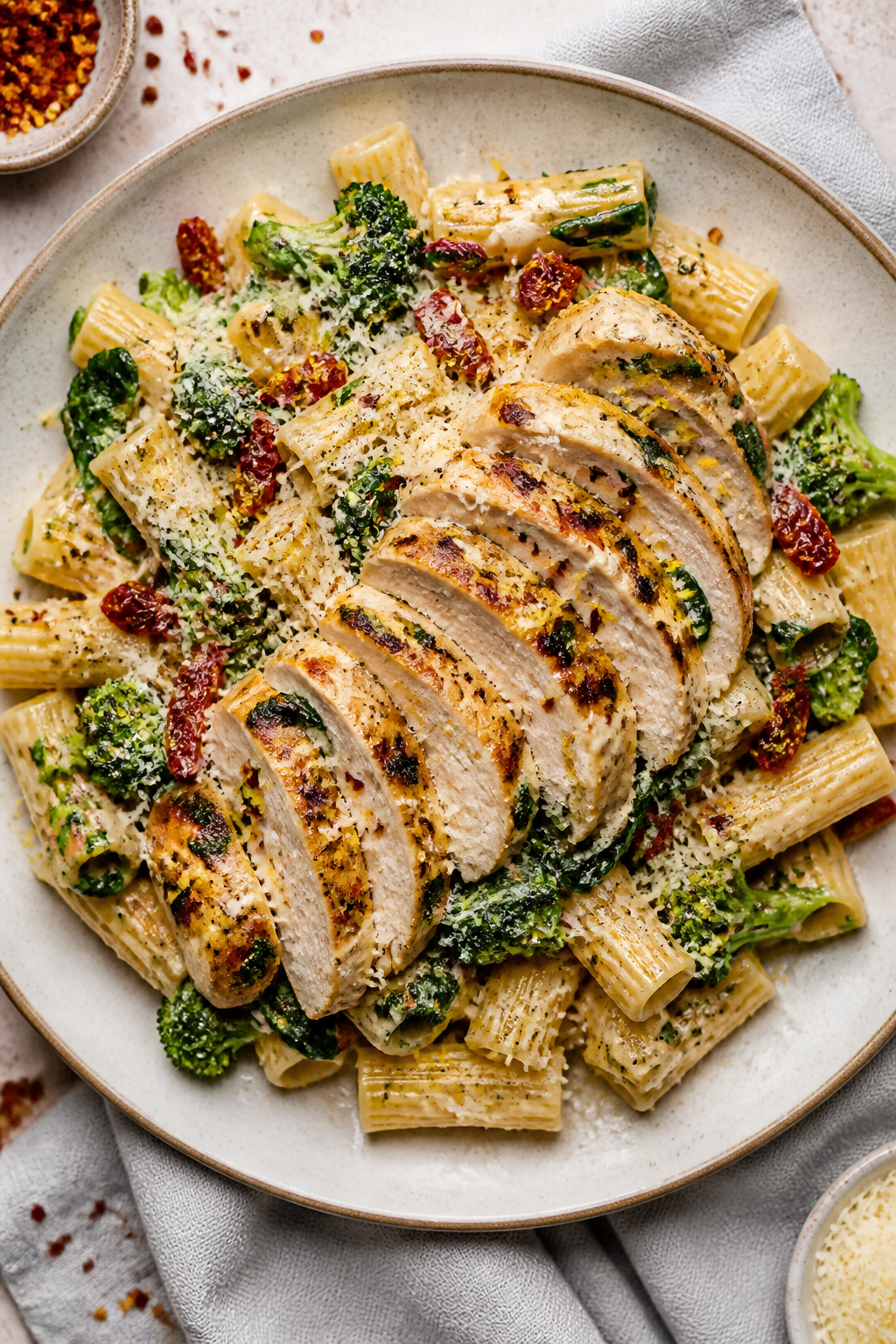 Tasty top view, overhead shot: Overhead of Creamy Tuscan Chicken & Broccoli served over al dente rig