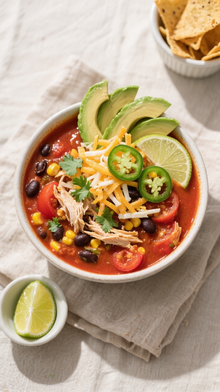 Tasty top view, overhead shot: Overhead shot of a bowl of Crockpot Chicken Enchilada Soup, vibrant r