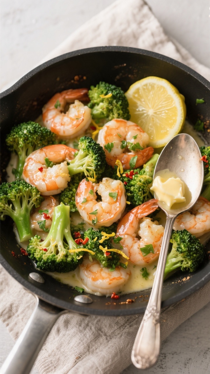 Tasty top view — Pan-finished dish: Overhead shot of Garlic Butter Shrimp & Broccoli in the skille